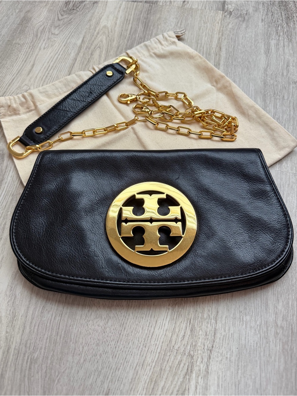 Tory Burch - Black Leather Shoulder Bag/Clutch w/ Gold Logo and Detachable Chain